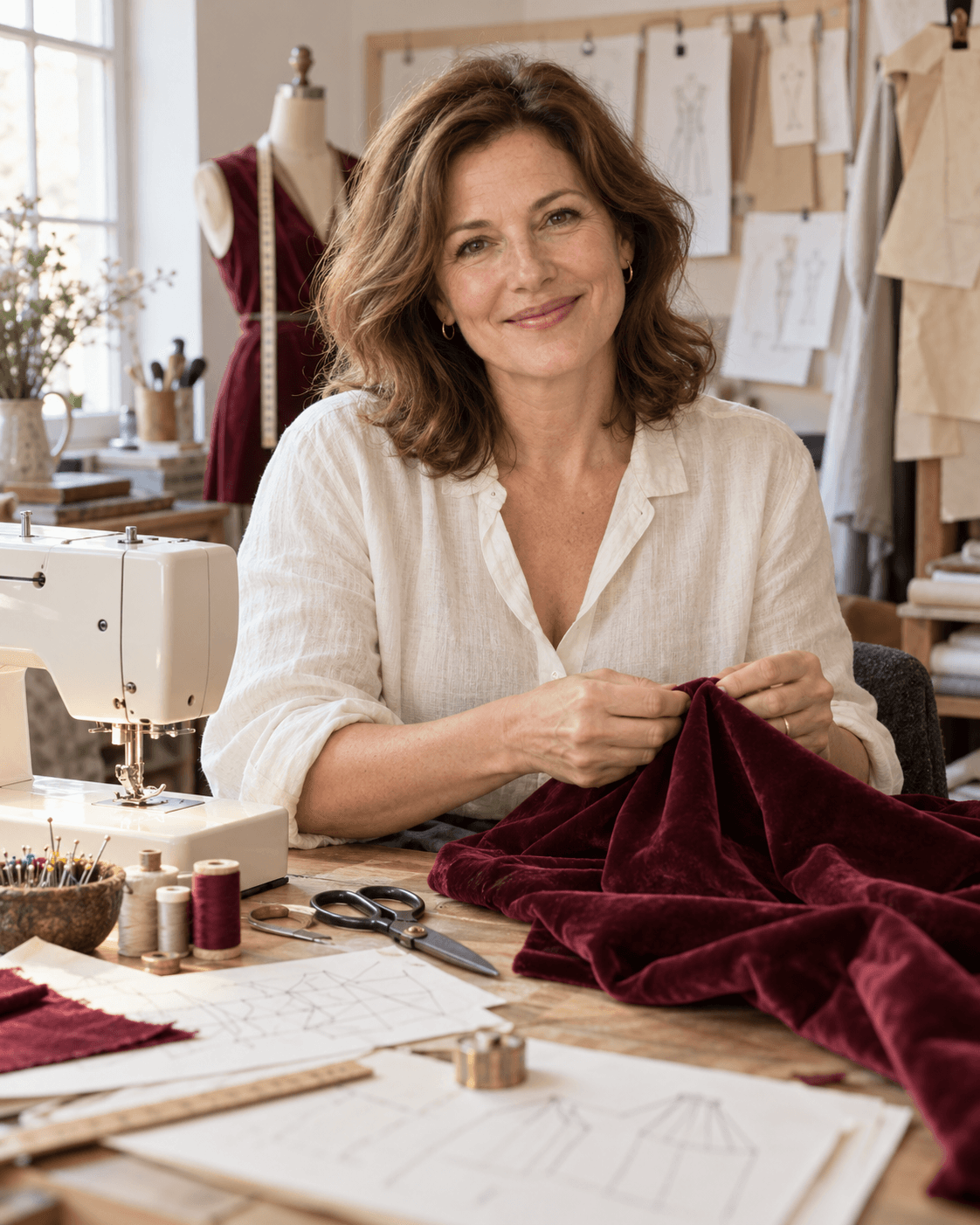 Наташа — преподаватель школы Sewingnata за рабочим столом с бархатом